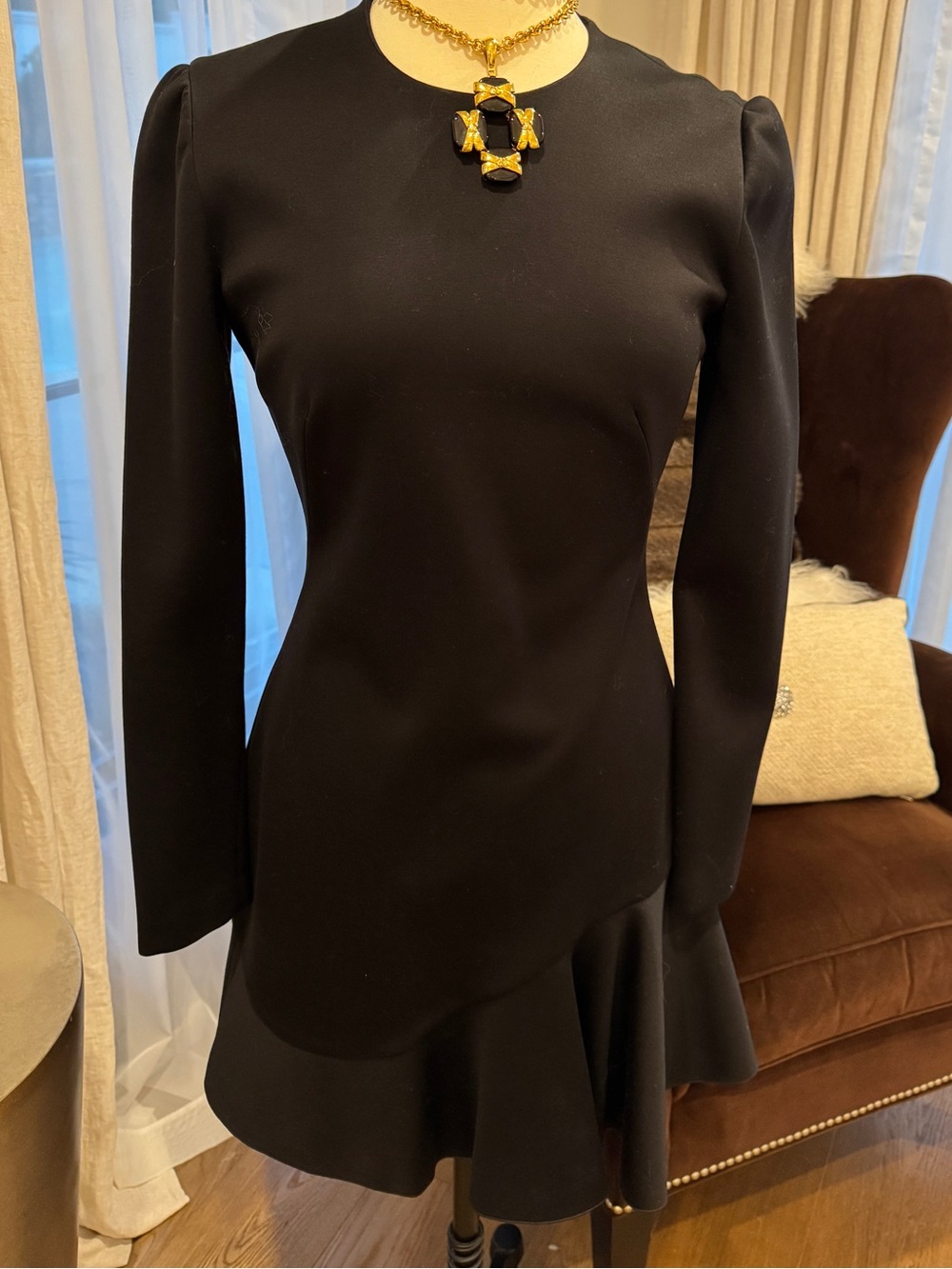 Alexander McQueen Black Long-Sleeve Ruffle-Hem Dress - Size 44